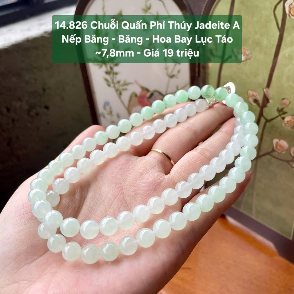 14.826 Chuỗi Quấn  Phỉ Thuý Jadeite A - Nếp Băng - Băng - Hoa Bay Lục Táo ~7,8mm