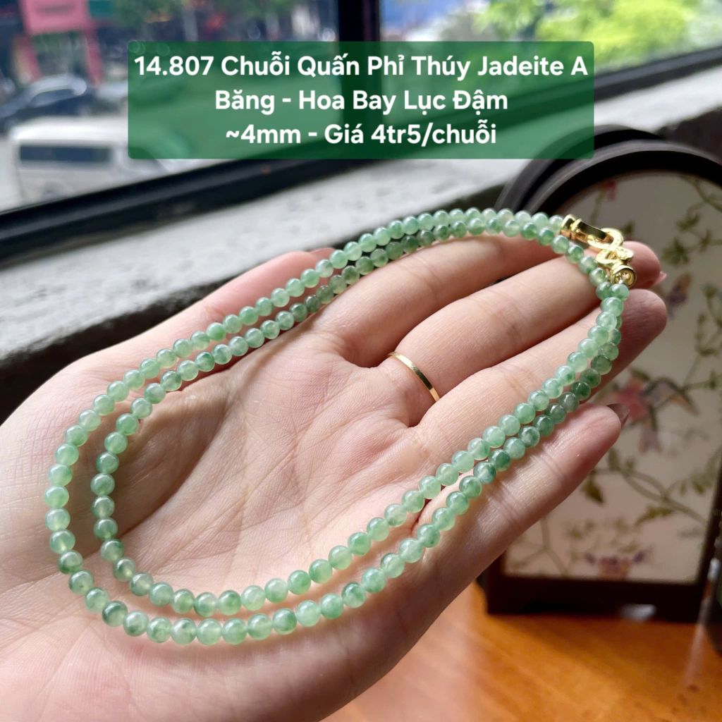 14.807 Chuỗi Quấn Phỉ Thuý Jadeite A - Băng - Hoa Bay Lục Đậm ~4mm