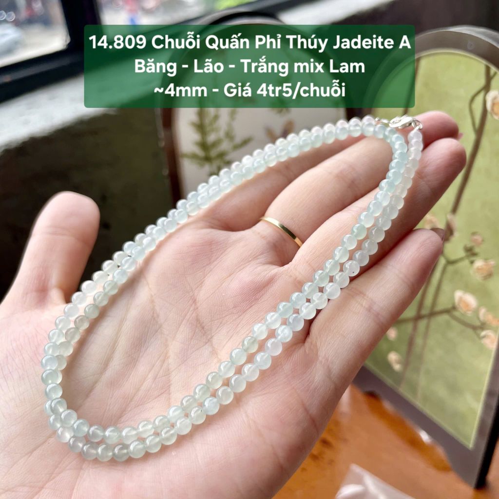 14.809 Chuỗi Quấn Phỉ Thuý Jadeite A - Băng - Lão - Trắng Mix Lam ~4mm