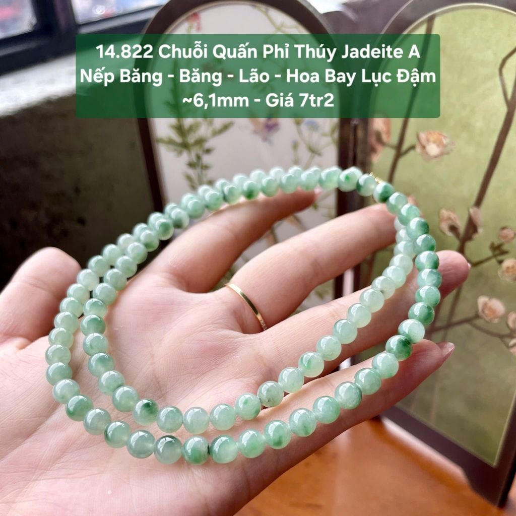 14.822 Chuỗi Quấn  Phỉ Thuý Jadeite A - Nếp Băng - Băng - Lão - Hoa Bay Lục Đậm ~6,1mm