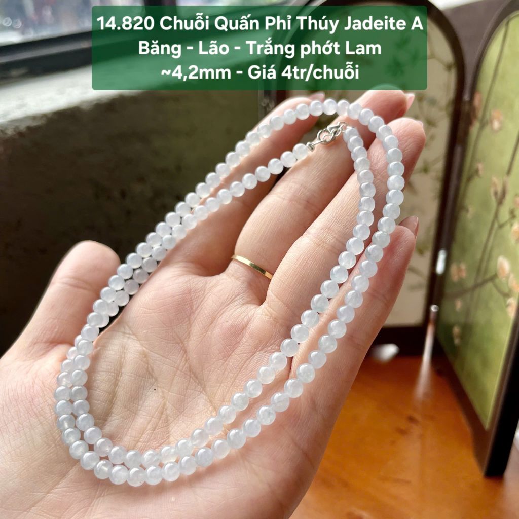 14.820 Chuỗi Quấn Phỉ Thuý Jadeite A -  Băng - Lão - Trắng Phớt Lam ~4,2mm