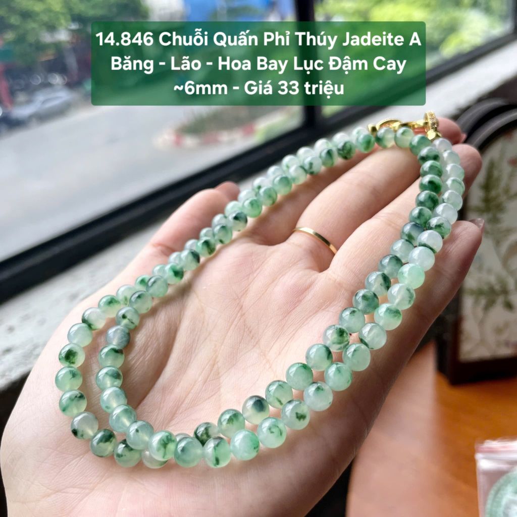 14.846 Chuỗi Quấn Phỉ Thuý Jadeite A - Băng - Lão - Hoa Bay Lục Đậm Cay ~6mm