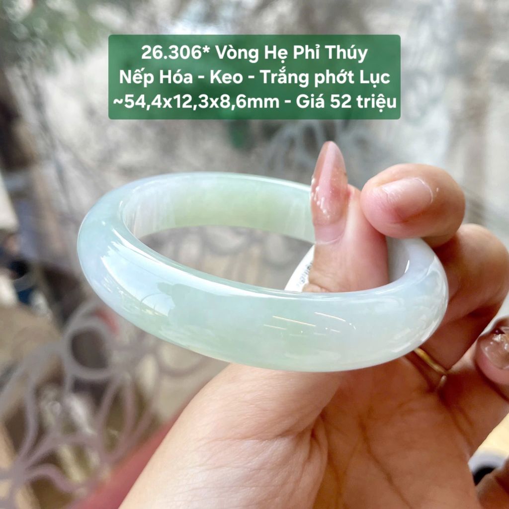 Vòng Hẹ Phỉ Thuý Nếp Hoá - Keo - Trắng Phớt Lục ~54,4x12,3x8,6mm 26.306*
