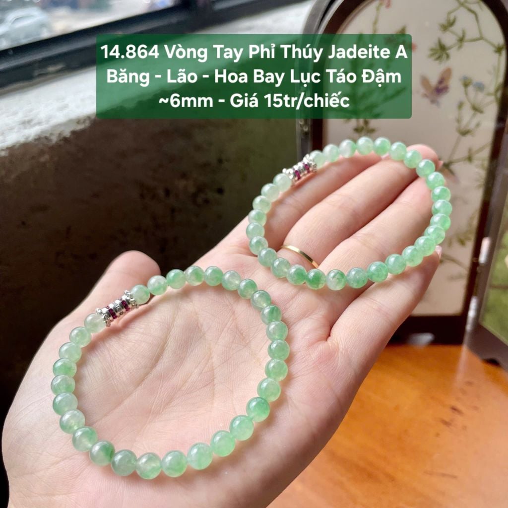 14.864 Vòng Tay Phỉ Thuý Jadeite A - Băng - Lão - Hoa Bay Lục Táo Đậm ~6mm