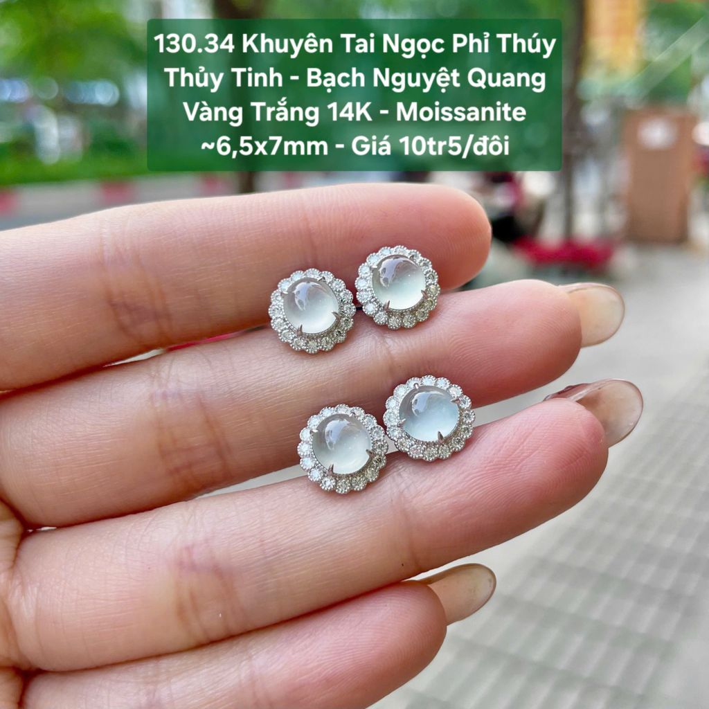Khuyên Tai Ngọc Phỉ Thúy Thủy Tinh - Bạch Nguyệt Quang VT14K - Moissanite ~6,5x7mm 130.34