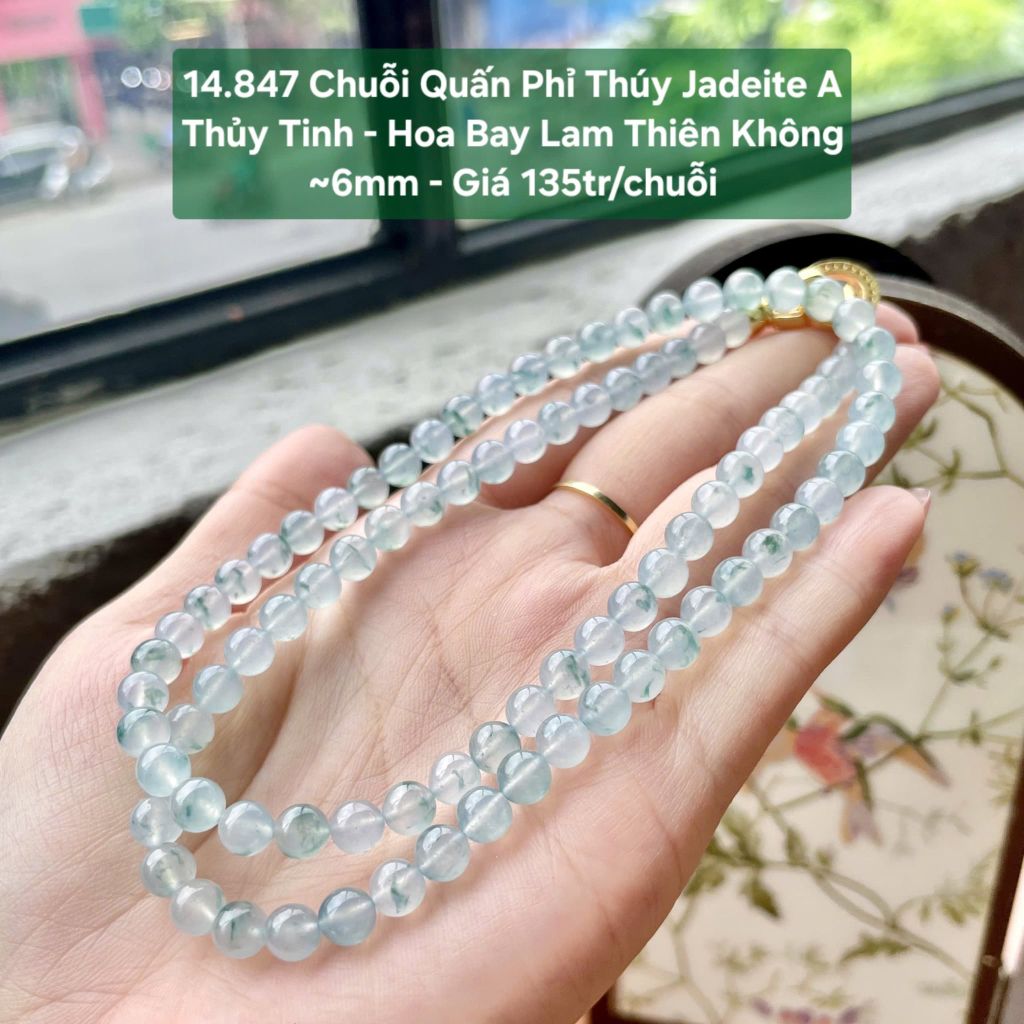 14.847 Chuỗi Quấn Phỉ Thuý Jadeite A - Thuỷ Tinh - Hoa Bay Lam Thiên Không ~6mm