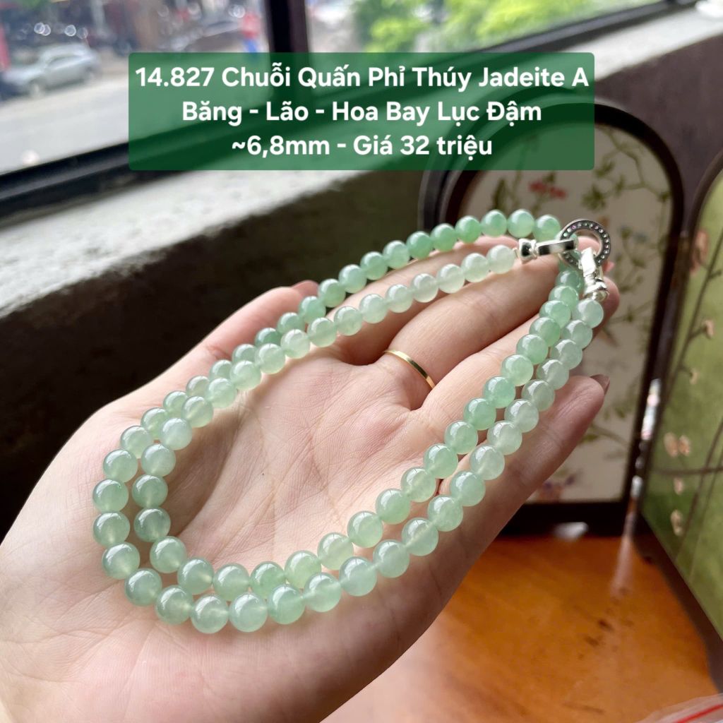 14.827 Chuỗi Quấn Phỉ Thuý Jadeite A - Băng - Lão - Hoa Bay Lục Đậm ~6,8mm