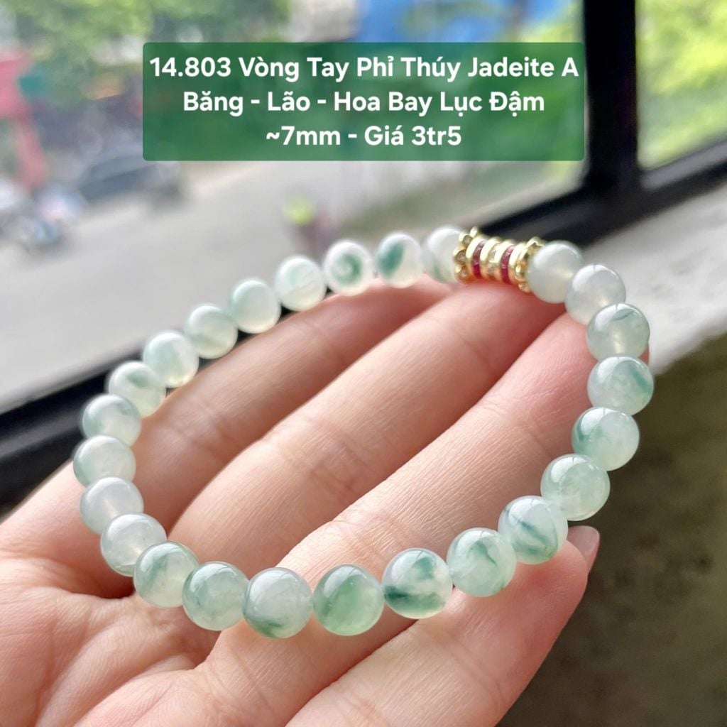 14.803 Vòng Tay Phỉ Thuý Jadeite A- Băng - Lão - Hoa Bay Lục Đậm ~7mm
