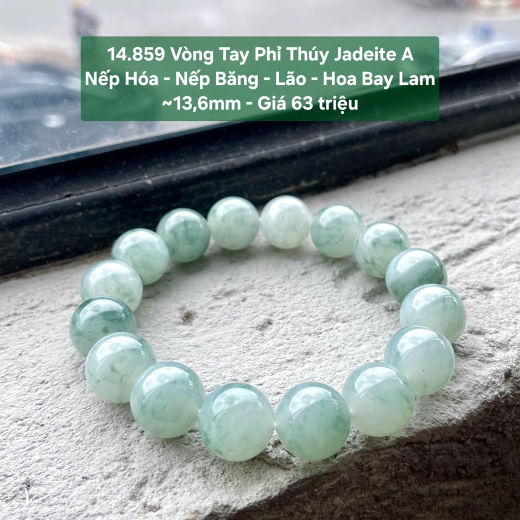 14.859 Vòng Tay Phỉ Thuý Jadeite A - Nếp Hoá -  Nếp Băng - Lão - Hoa Bay Lam ~13,6mm