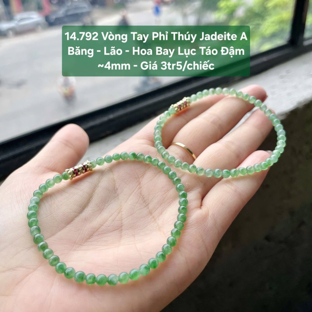 14.792 Vòng Tay Phỉ Thuý Jadeite A - Băng - Lão - Hoa Bay Lục Táo Đậm ~4mm