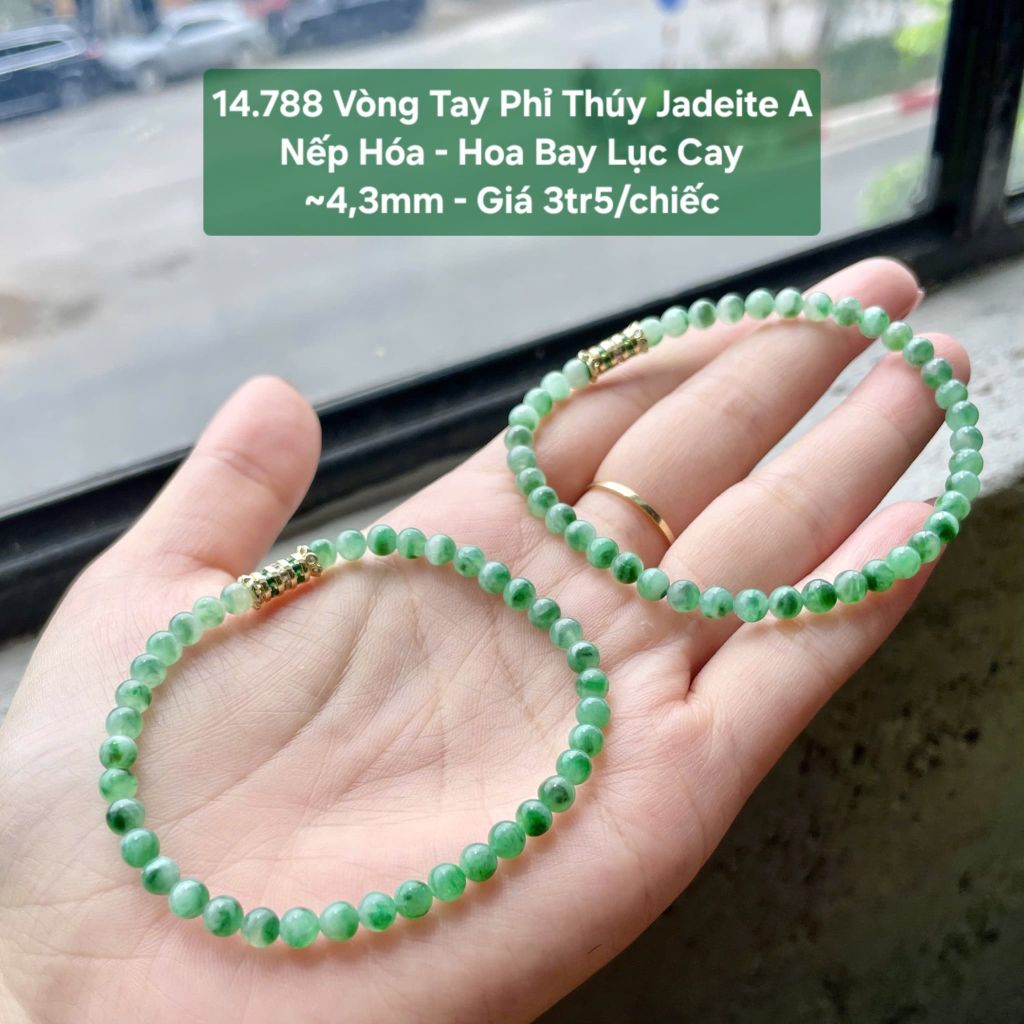 14.788 Vòng Tay Phỉ Thuý Jadeite A - Nếp Hoá - Hoa Bay Lục Cay ~4,3mm