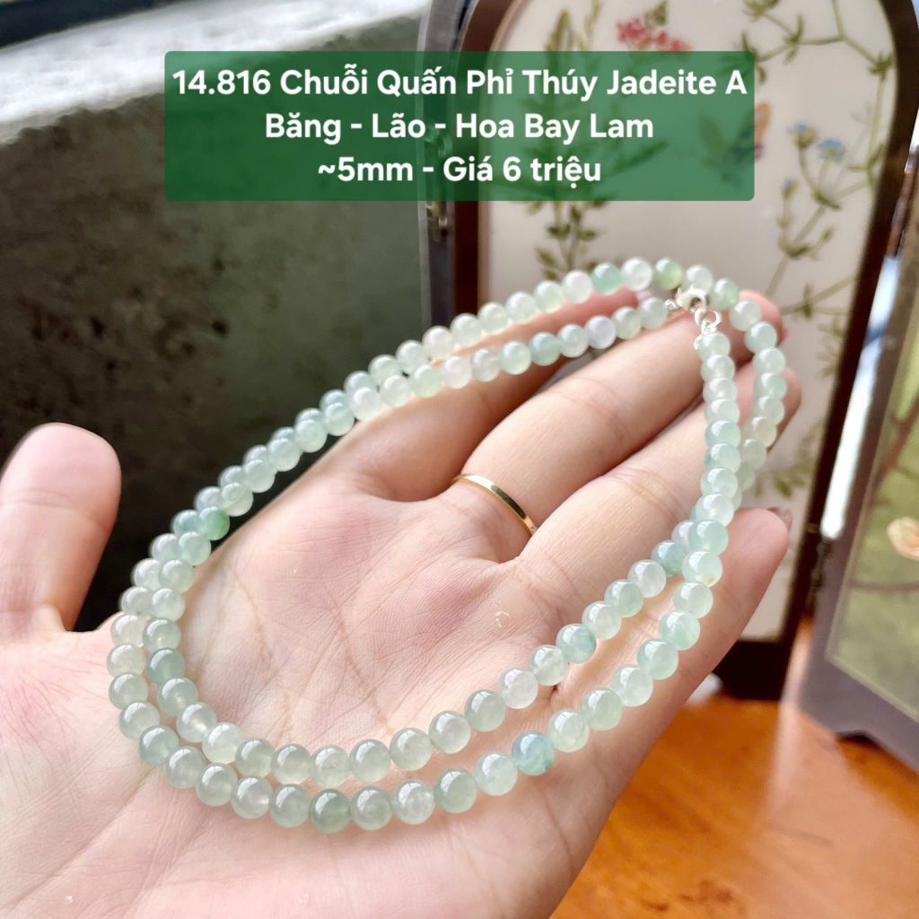 14.816 Chuỗi quấn Phỉ Thuý Jadeite A- Băng - Lão - Hoa Bay Lam ~5mm