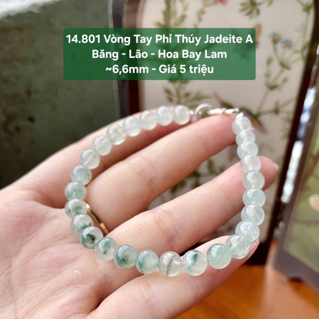 14.801 Vòng Tay Phỉ Thuý Jadeite A- Băng - Lão - Hoa Bay Lam ~6,6mm