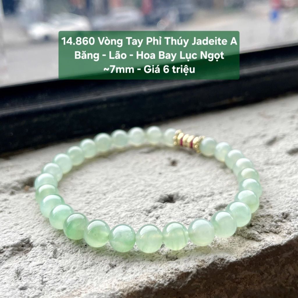 14.860 Vòng Tay Phỉ Thuý Jadeite A- Băng - Lão - Hoa Bay Lục Ngọt ~7mm