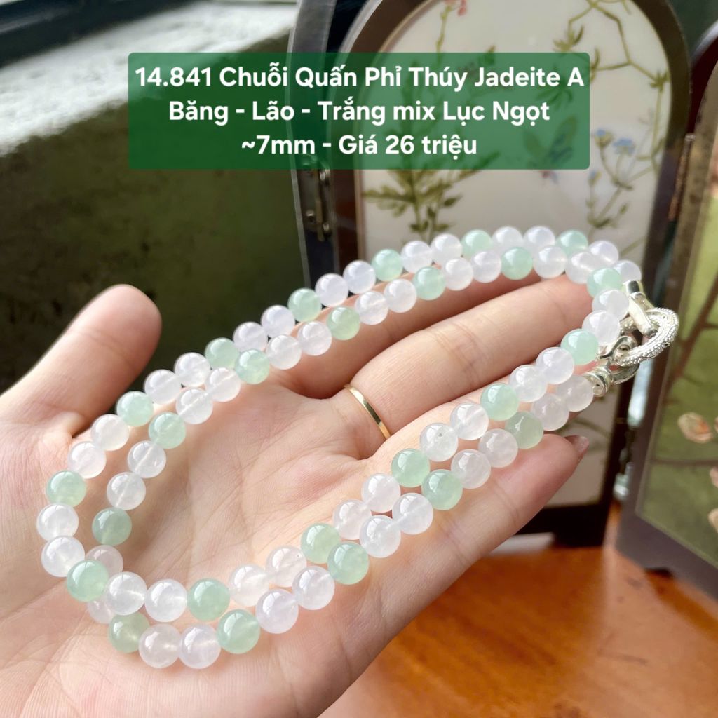 14.841 Chuỗi Quấn Phỉ Thuý Jadeite A- Băng - Lão - Trắng Mix Lục Ngọt ~7mm