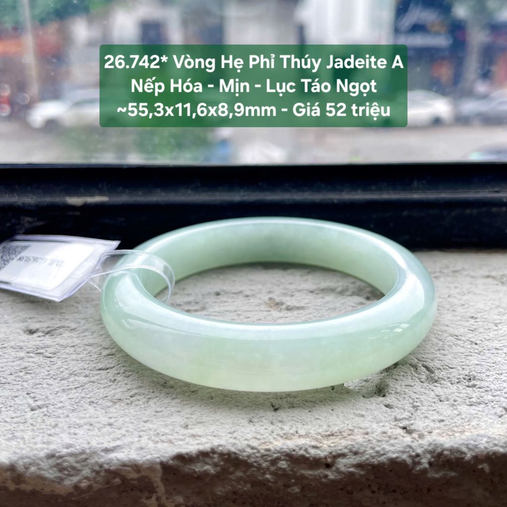 26.742* Vòng Hẹ Phỉ Thuý Jadeite A- Nếp Hoá - Mịn - Lục Táo Ngọt ~55,3x11,6x8,9mm