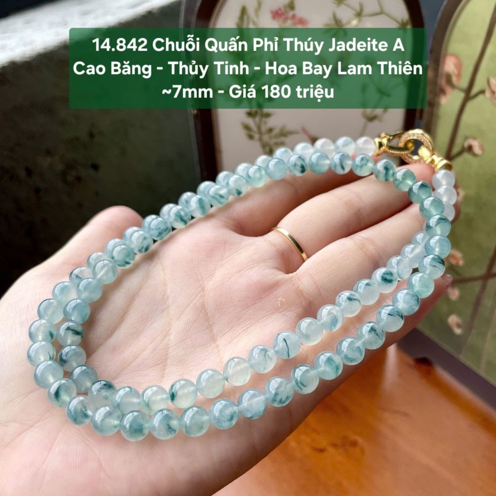 14.842 Chuỗi Quấn Phỉ Thuý Jadeite A- Cao Băng - Thuỷ Tinh - Hoa Bay Lam Thiên Không ~7mm