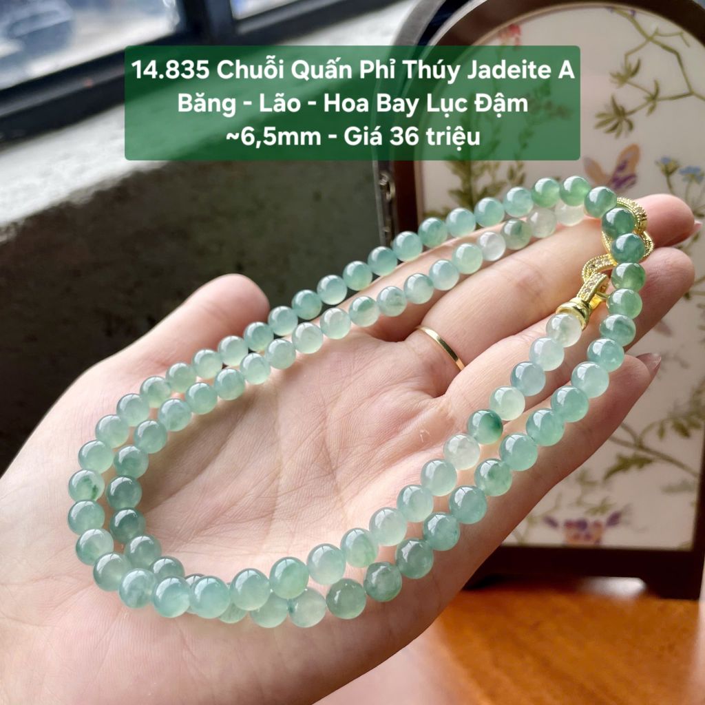14.835 Chuỗi Quấn Phỉ Thuý Jadeite A- Băng -C- Lão - Hoa Bay Lục Đậm ~6,5mm