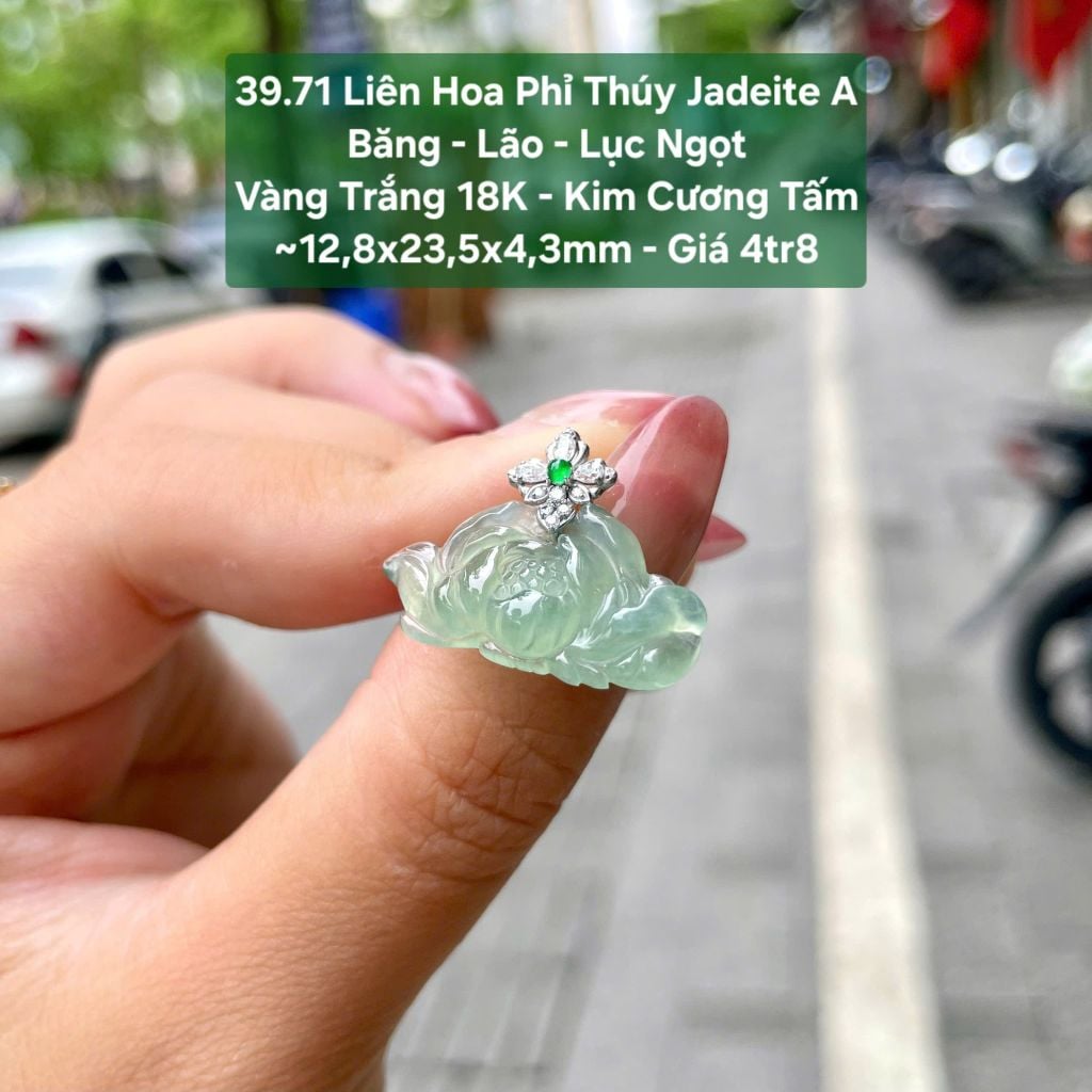 39.71 Liên Hoa Phỉ Thuý Jadeite A - Băng - Lão - Lục Ngọt - VT18K -KC Tấm ~12,8x23,5x4,3mm