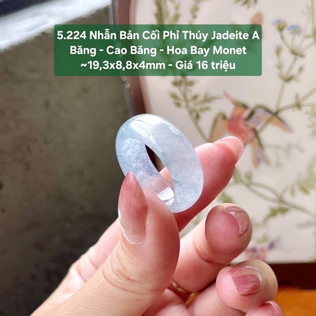5.224 Nhẫn Phỉ Thuý Jadeite A - Băng - Cao Băng - Hoa Bay Monet ~19,3x8,8x4mm