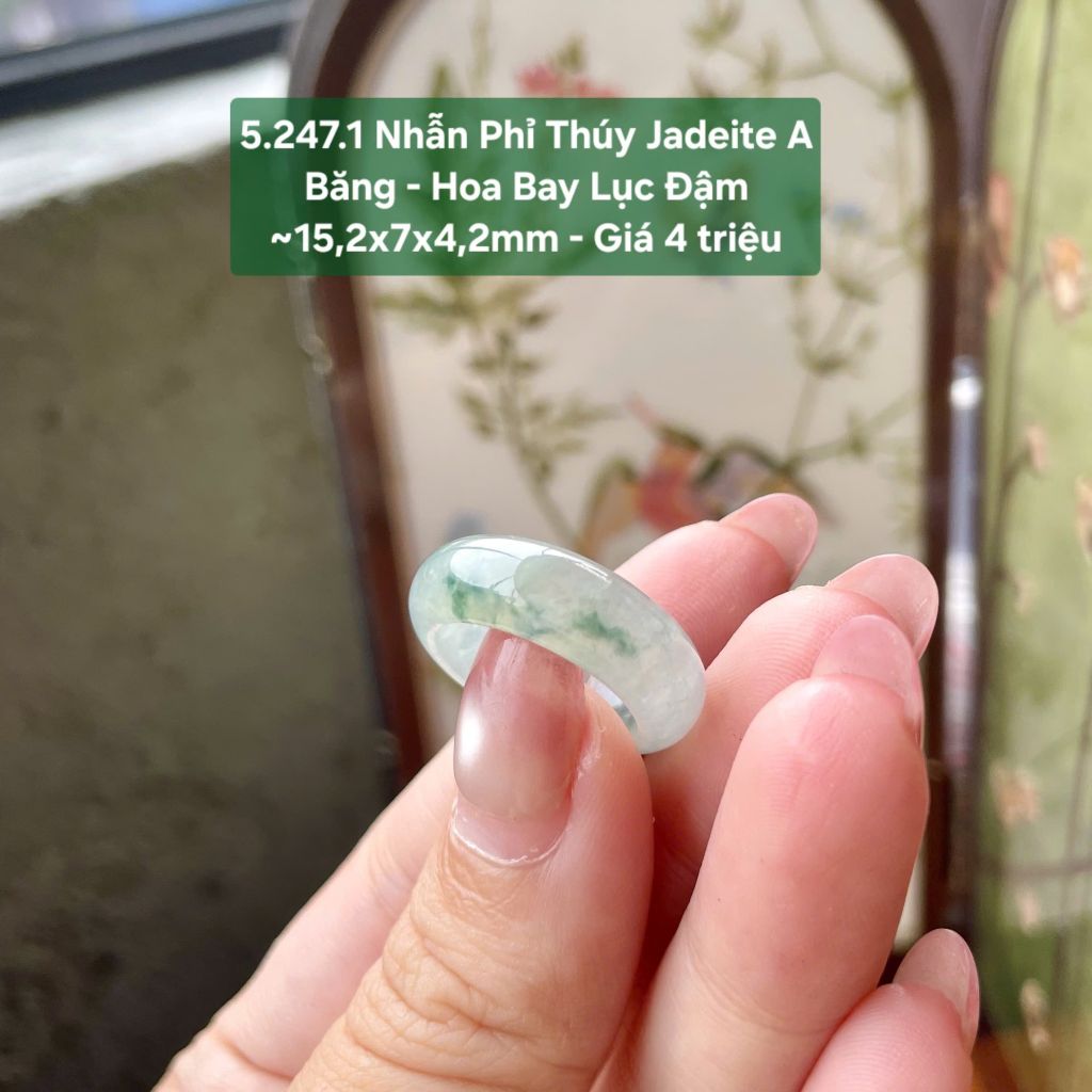 5.247.1 Nhẫn Phỉ Thuý Jadeite A - Băng-  Hoa Bay Lục Đậm ~15,2x7x4,2mm