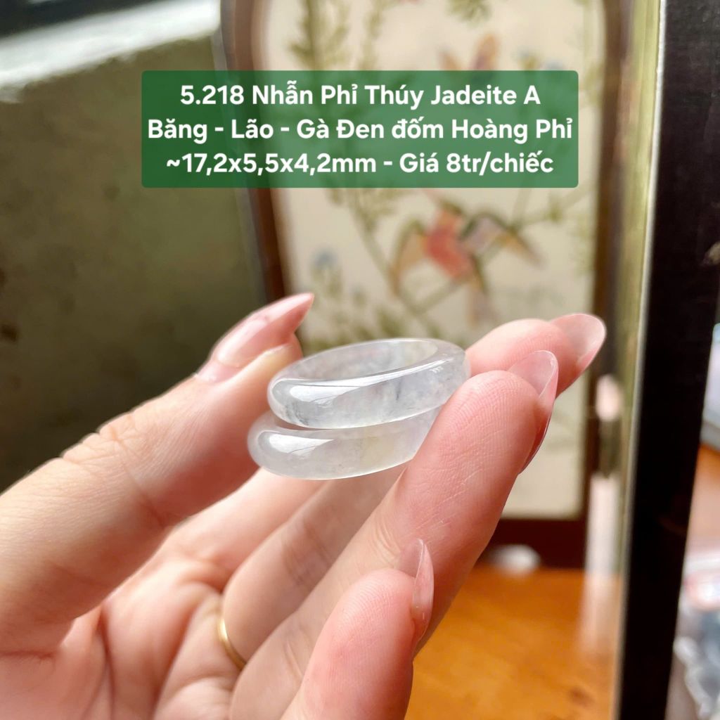 5.218 Nhẫn Phỉ Thuý Jadeite A - Băng - Lão - Gà Đen - Đốm Hoàng Phỉ ~17,2x55x4,2mm