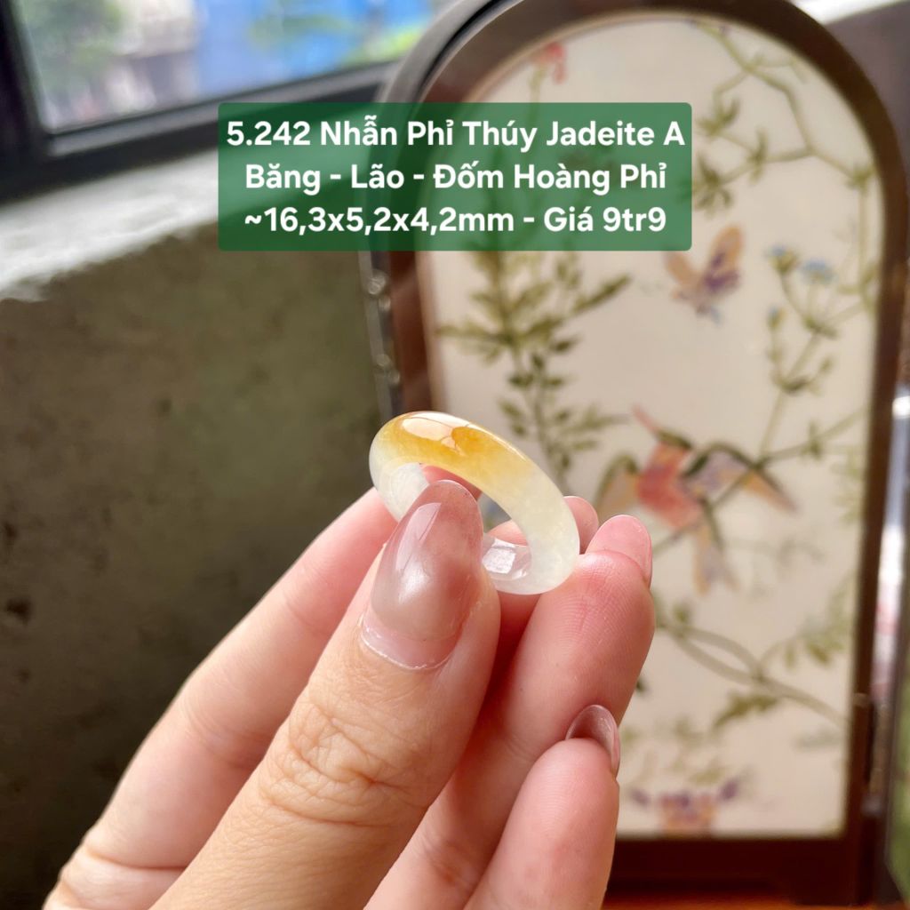 5.242 Nhẫn Phỉ Thuý Jadeite A - Băng - Lão - Đốm Hoàng Phỉ ~16,3x5,2x4,2mm