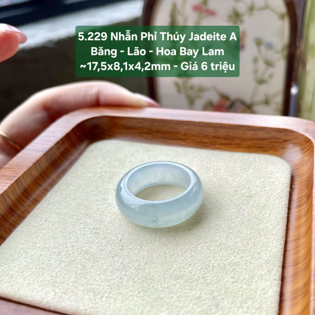 5.229 Nhẫn Phỉ Thuý Jadeite A - Băng - Lão -  Hoa Bay Lam ~17,5x8,1x4,2mm