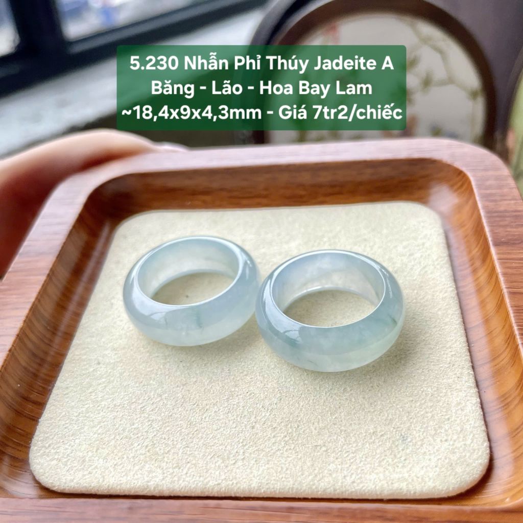 5.230 Nhẫn Phỉ Thuý Jadeite A - Băng - Lão -  Hoa Bay Lam ~18,4x9x4,3mm
