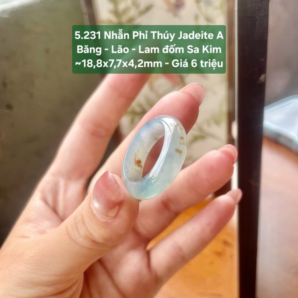 5.231 Nhẫn Phỉ Thuý Jadeite A - Băng - Lão - Lam  Đốm Kim Sa ~18,8x7,7x4,2mm