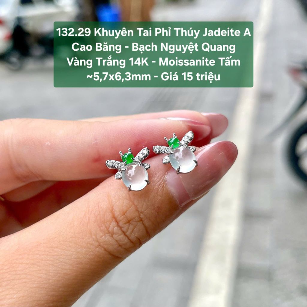 132.29 Khuyên Tai Phỉ Thuý JadeiteA - Cao Băng - Bạch Nguyệt Quang - VT14K - Mois Tấm 5,7x6,3mm