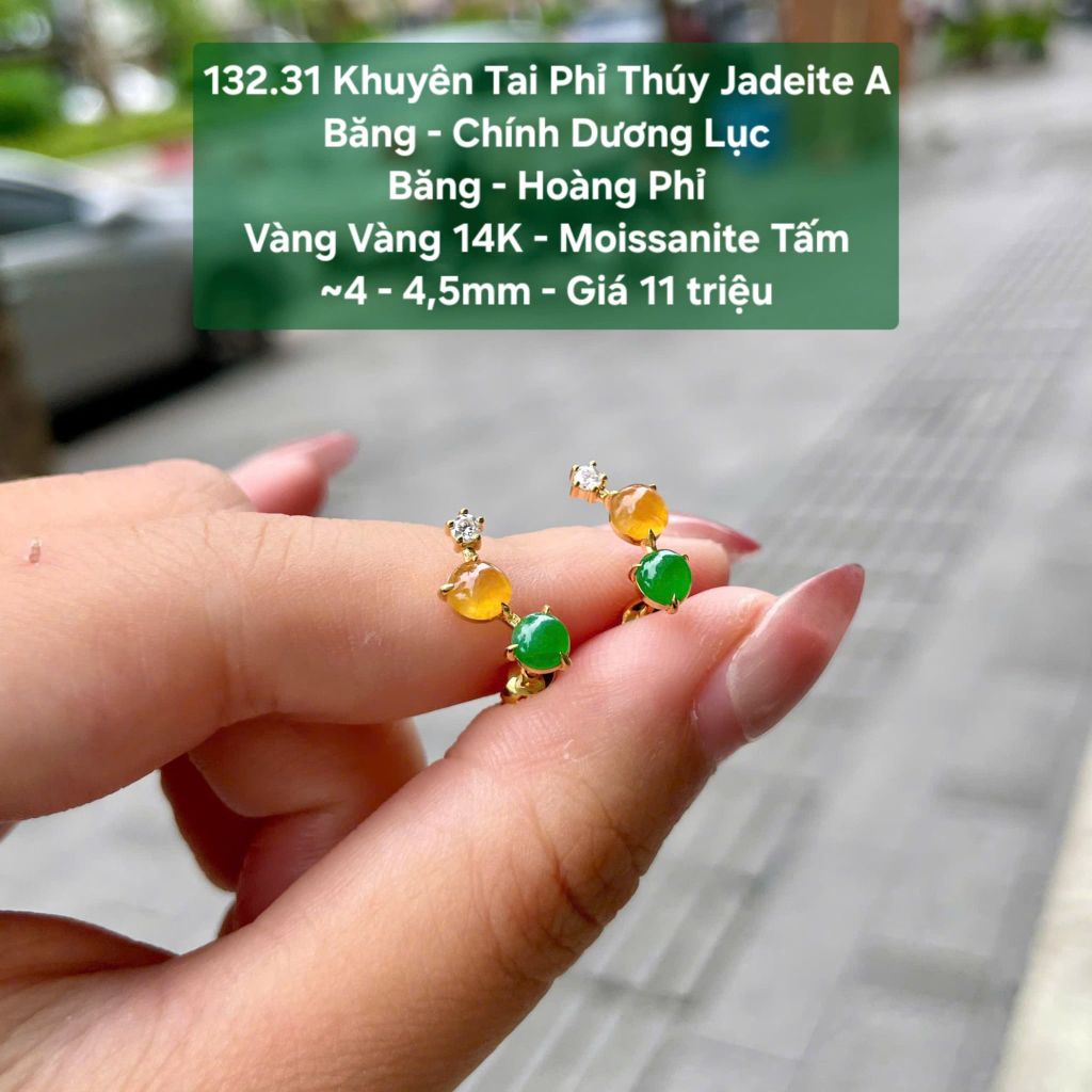 132.31 Khuyên Tai Phỉ Thuý JadeiteA - Nếp Băng - Chính Dương Lục - Băng - Hoàng Phỉ - VV14K- Mois Tấm 4-4,5mm