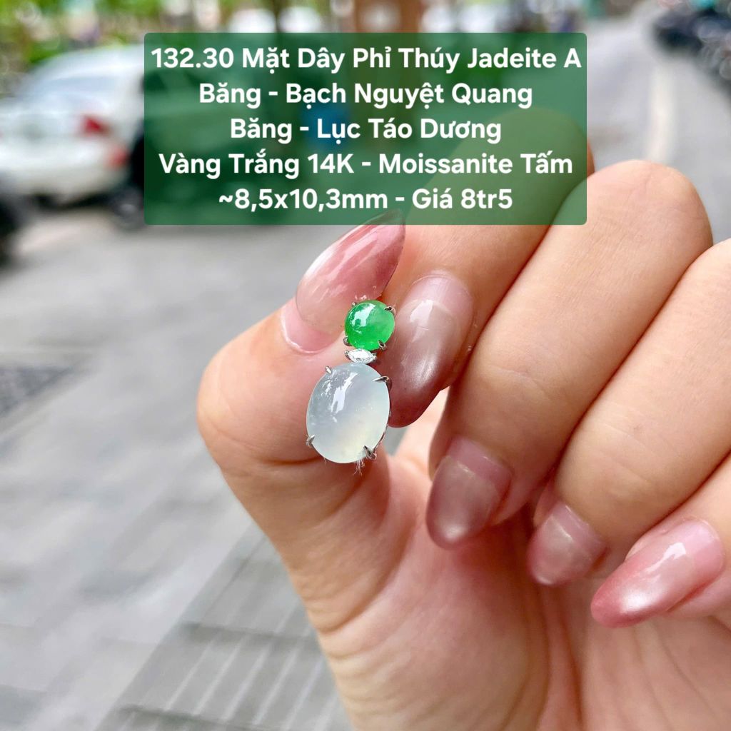 132.30 Mặt Dây Chuyền Phỉ Thuý JadeiteA - Băng - Bạch Nguyệt Quang - Băng - Lục Táo - Dương -  VV14K- Mois Tấm 8,5x10,3mm