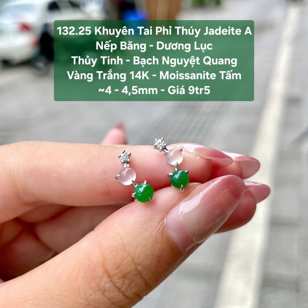 132.25 Khuyên Tai Phỉ Thuý JadeiteA - Nếp Băng - Dương Lục - Thuỷ Tinh - Bạch Nguyệt Quang VT14K - Mois Tấm 4-4,5mm