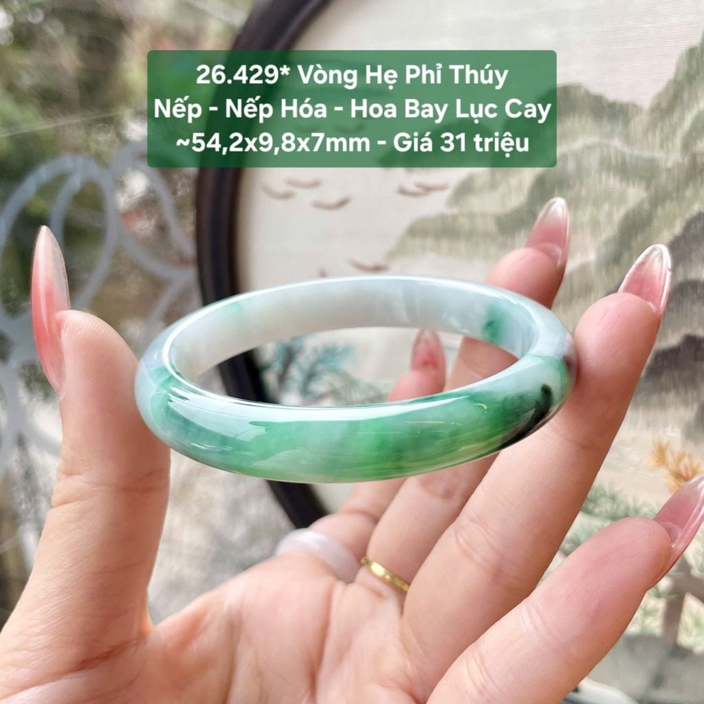 Vòng Hẹ Phỉ Thúy Nếp - Nếp Hóa - Hoa Bay Lục Cay ~54,2x9,8x7mm 26.429*
