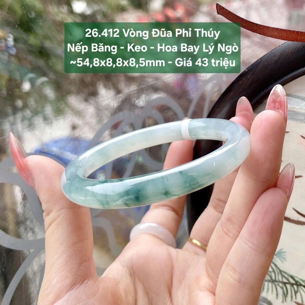 Vòng Đũa Phỉ Thúy Nếp Băng - Keo - Hoa Bay Lý Ngò ~54,8x8,8x8,5mm 26.412