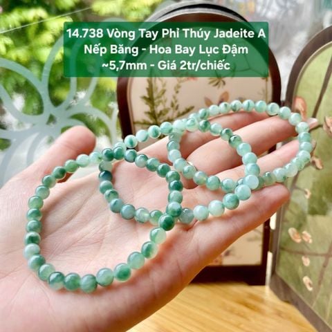 14.738 Vòng Tay Phỉ Thuý Jadeite A - Nếp Băng - Hoa Bay Lục Đậm ~5,7mm