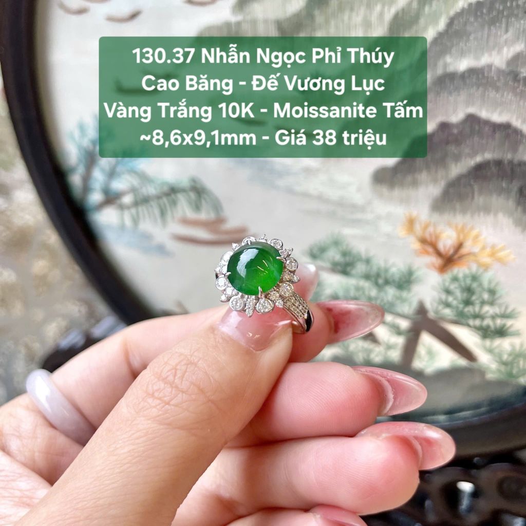 Nhẫn Ngọc Phỉ Thúy Cao Băng - Đế Vương Lục VT10K - Moissanite Tấm ~8,6x9,1mm 130.37
