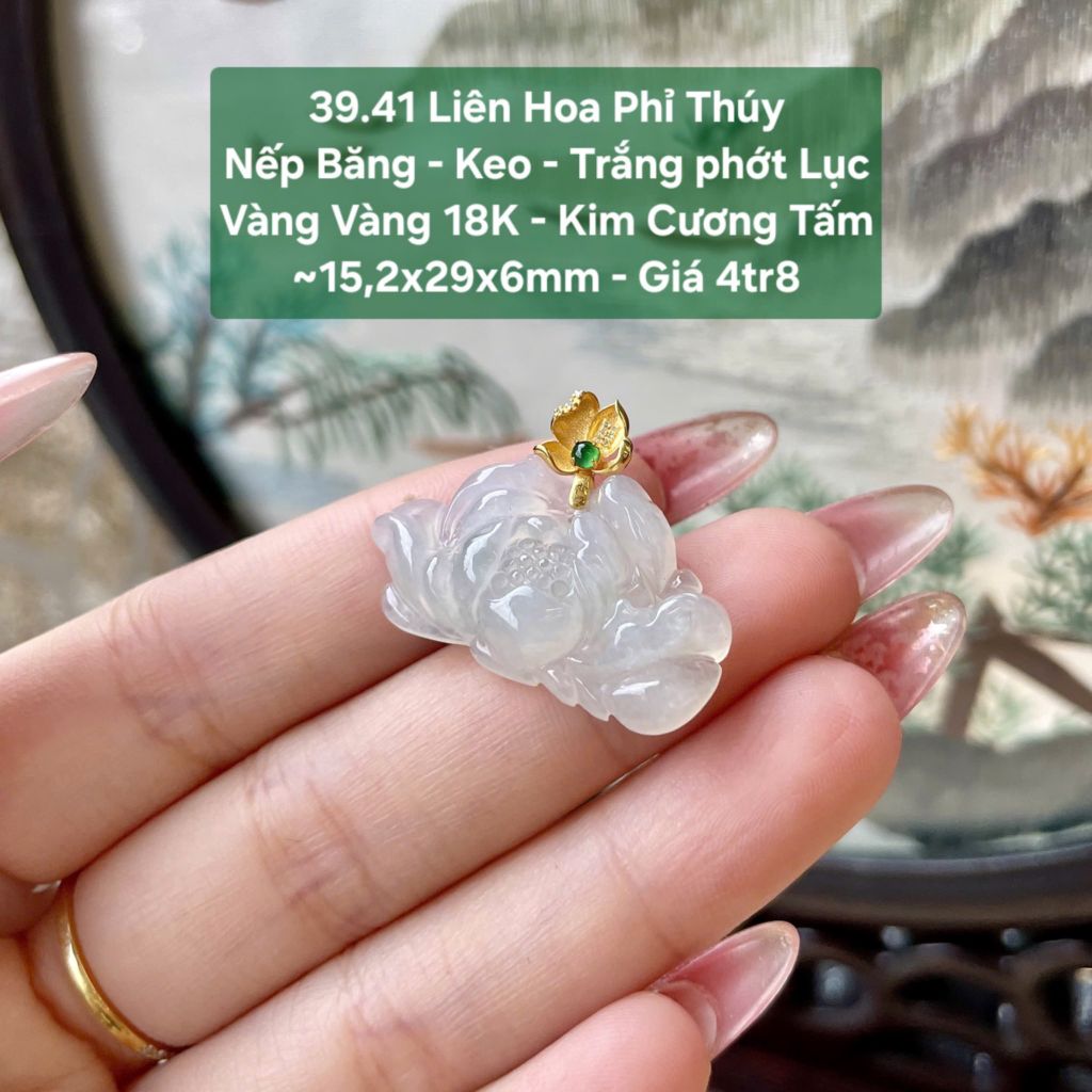 Liên Hoa Phỉ Thúy Nếp Băng - Keo - Trắng phớt Lục VV 18K - KC Tấm ~15,2x29x6mm 39.41