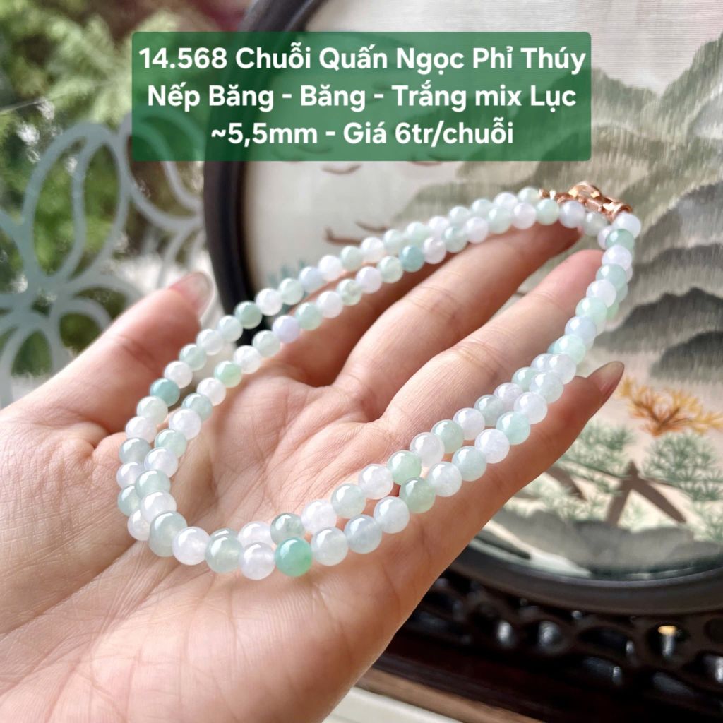 Chuỗi Quấn Ngọc Phỉ Thúy Nếp Băng – Băng – Trắng mix Lục ~5,5mm 14.568
