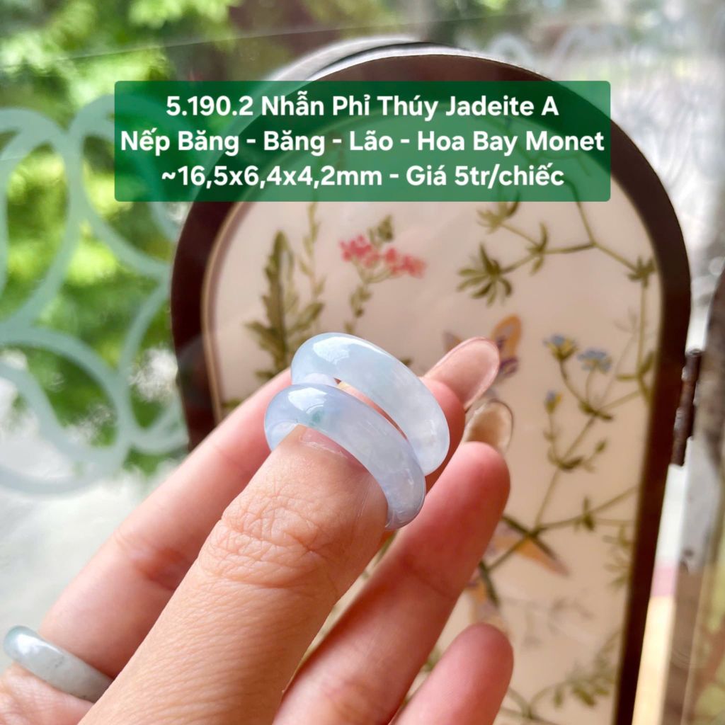 5.190.2 Nhẫn Phỉ Thuý Jadeite A - Nếp Băng - Băng - Lão - Hoa Bay Monet ~ 16,5x6,4x4,2mm