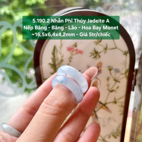 5.190.2 Nhẫn Phỉ Thuý Jadeite A - Nếp Băng - Băng - Lão - Hoa Bay Monet ~ 16,5x6,4x4,2mm