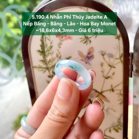 5.190.4 Nhẫn Phỉ Thuý Jadeite A - Nếp Băng - Băng - Lão - Hoa Bay Monet ~18,6x6x4,3mm