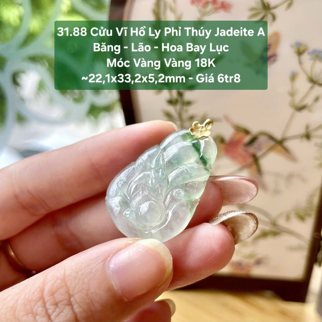 31.88 Cửu Vĩ Hồ Ly Phỉ Thuý Jadeite A - Băng - Lão - Hoa Bay Lục - Móc VV18K ~22,1x33,2x5,2mm