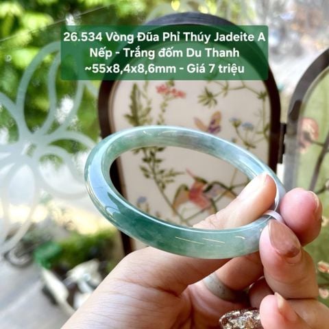 26.534 Vòng Đũa Phỉ Thuý Jadeite A - Nếp- Trắng Đốm Du Thanh ~55x8,4x8,6mm