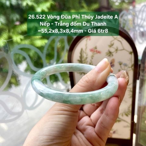 26.522Vòng Đũa Phỉ Thuý Jadeite A - Nếp- Trắng Đốm Du Thanh ~55,2x8,3x8,4mm