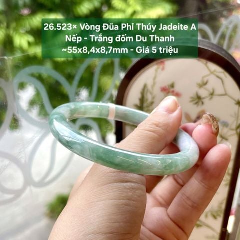 26.523x Vòng Đũa Phỉ Thuý Jadeite A - Nếp-  Trắng Đốm Du Thanh ~55x8,4x8,7mm