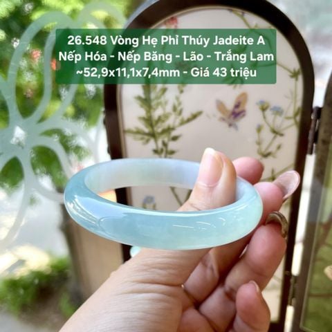 26.548 Vòng Hẹ Phỉ Thuý Jadeite A - Nếp Hoá - Nếp Băng - Lão - Trắng Lam ~52,9x11,1x7,4mm