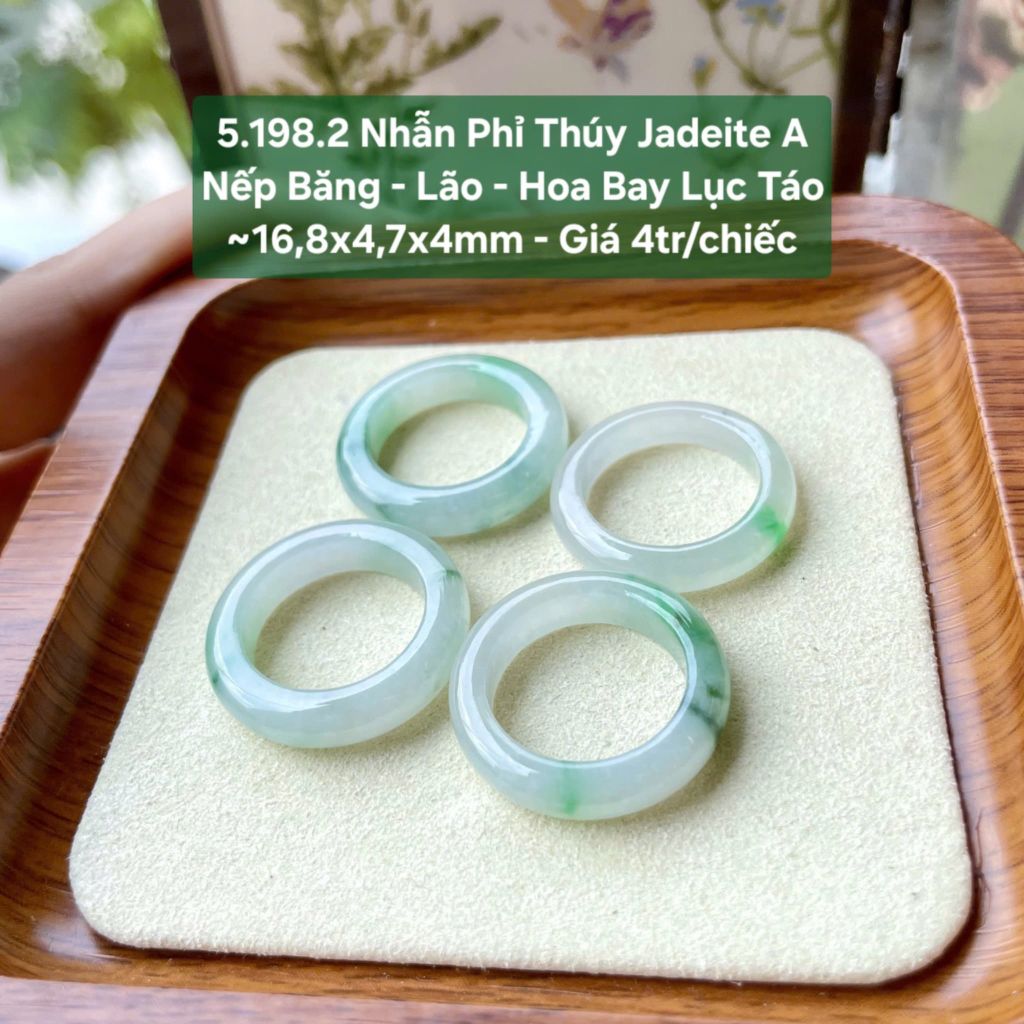 5.198.2 Nhẫn Phỉ Thuý Jadeite A - Nếp Băng - Lão - Hoa Bay Lục Táo ~16,8x4,7x4mm
