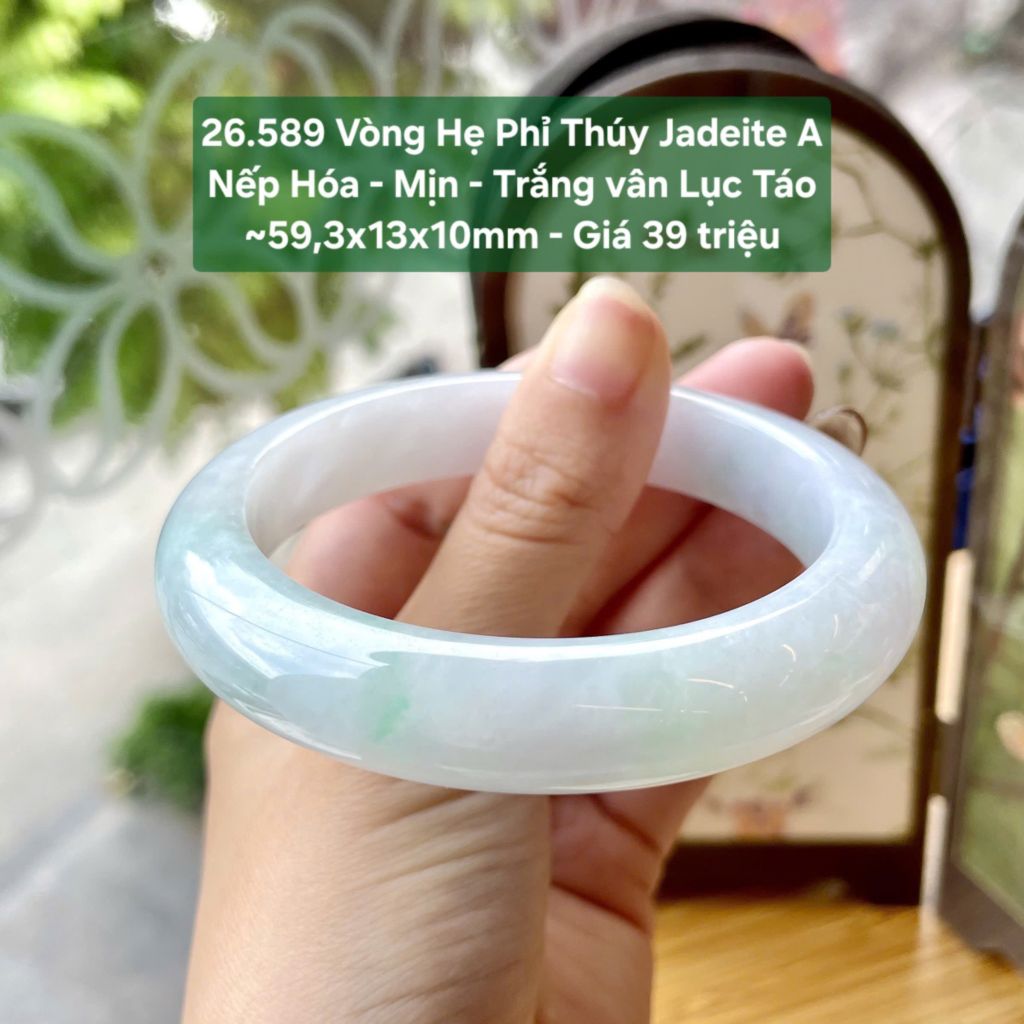 26.589 Vòng Hẹ Phỉ Thuý Jadeite A - Nếp Hoá - Mịn - Trắng Vân Lục Táo ~59,3x13x10mm